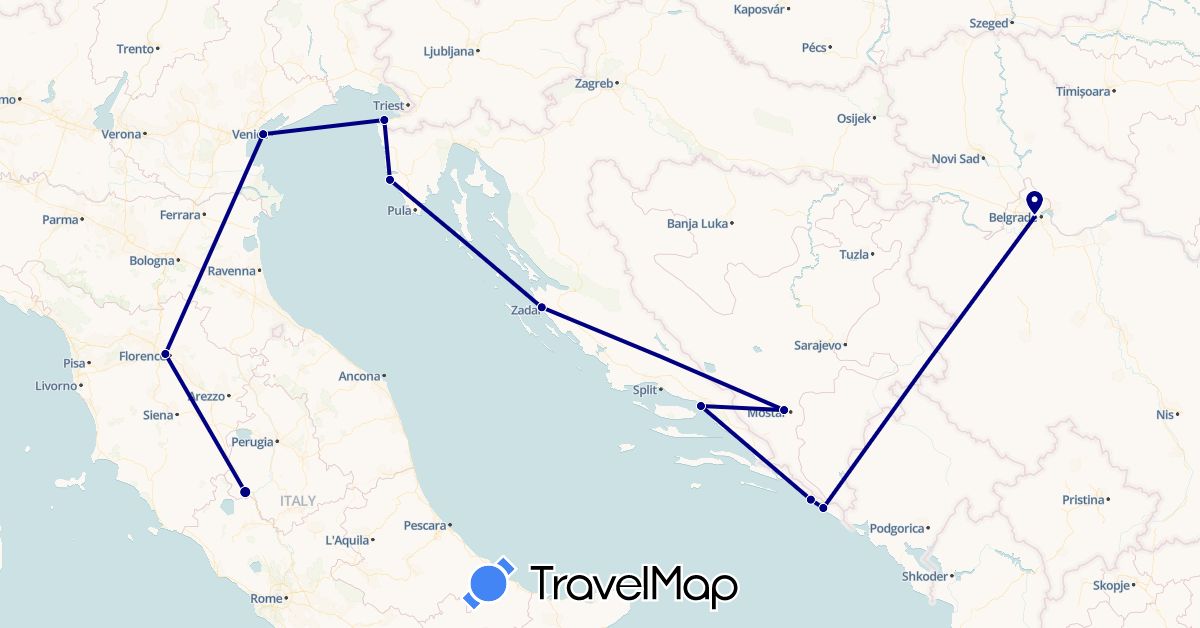 TravelMap itinerary: driving in Bosnia and Herzegovina, Croatia, Italy, Serbia, Slovenia (Europe)